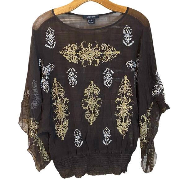 Karen Kane 100% Silk Sheer Blouse Boho Gold Baroque Print Top Size Small - Picture 2 of 9